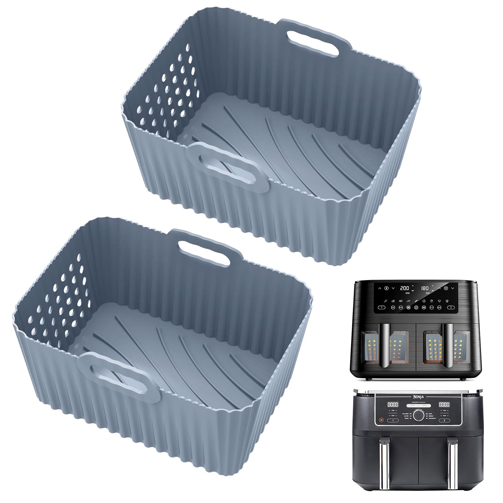 ENSINE Air Fryer Silicone Liners for Ninja Foodi Max Dual Zone AF400UK/AF451UK 9.5L, 2 Pcs Customized Air Fryer Inserts Compatible with Cookwise Dual Air Fryer 9L, Reusable Air Fryer Accessories,Gray