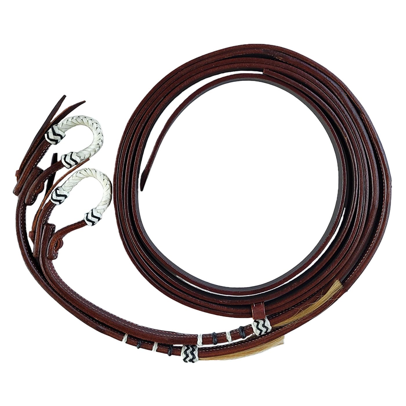 Brama West Western-trense "Wyatt" – Elegante scocca in pelle dal classico stile western – con cuciture bianche a contrasto, decorazioni Rawhide e nappe per capelli di cavalli – marrone, con pale (Cob)