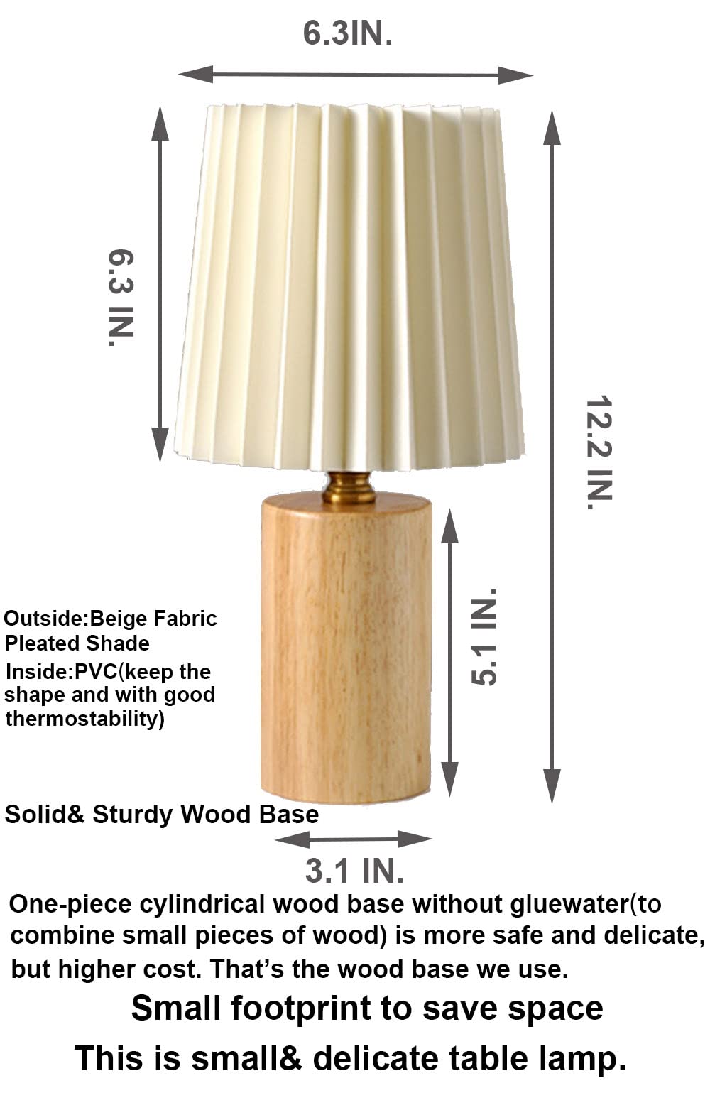AFORTLO Pleated Table Lamp, Small Boho Decorative Nightstand Night Light Solid Wood Base Pleated Shade Desk Lamp for Bedroom,Living Room,End Table or Office with Bulb(Beige)