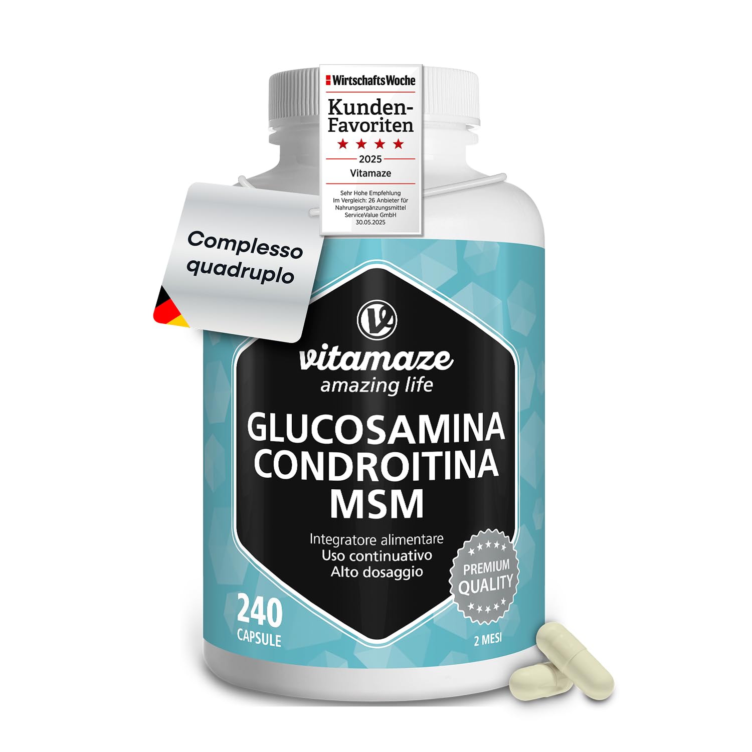 Glucosamina Condroitina MSM 2250 mg con Vitamina C, 240 Capsule, Articolazioni e Cartilagine Integratori, Alto Dosaggio, Naturale senza Additivi non Necessari, Qualitá Tedesca - Vitamaze®