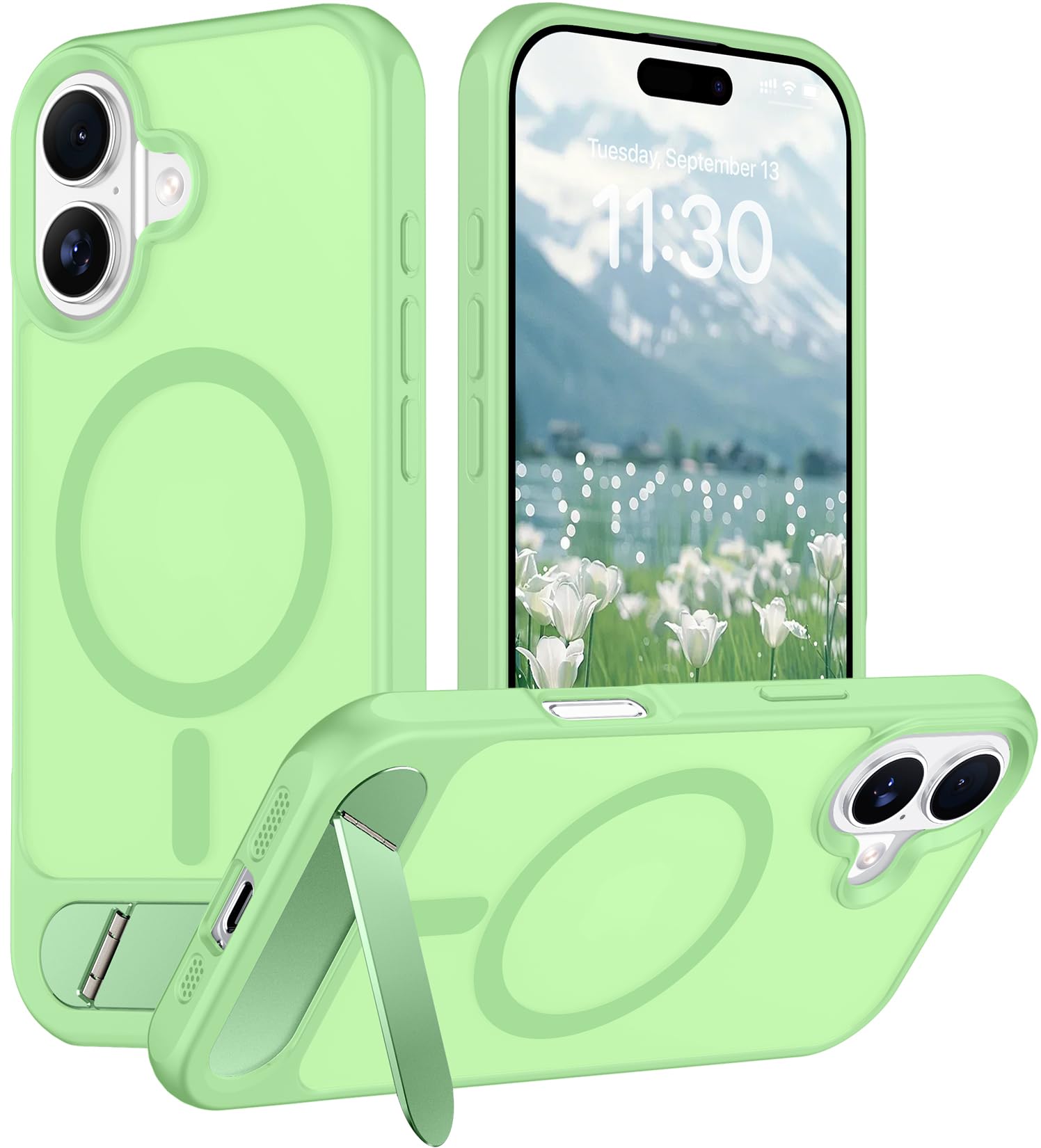 Temdan Designed for iPhone 17 Case, [Built-in Invisible Kickstand][Compatible with MagSafe][Military Grade Shockproof] Slim Translucent Matte Phone Case 6.3 inch (Light Green)