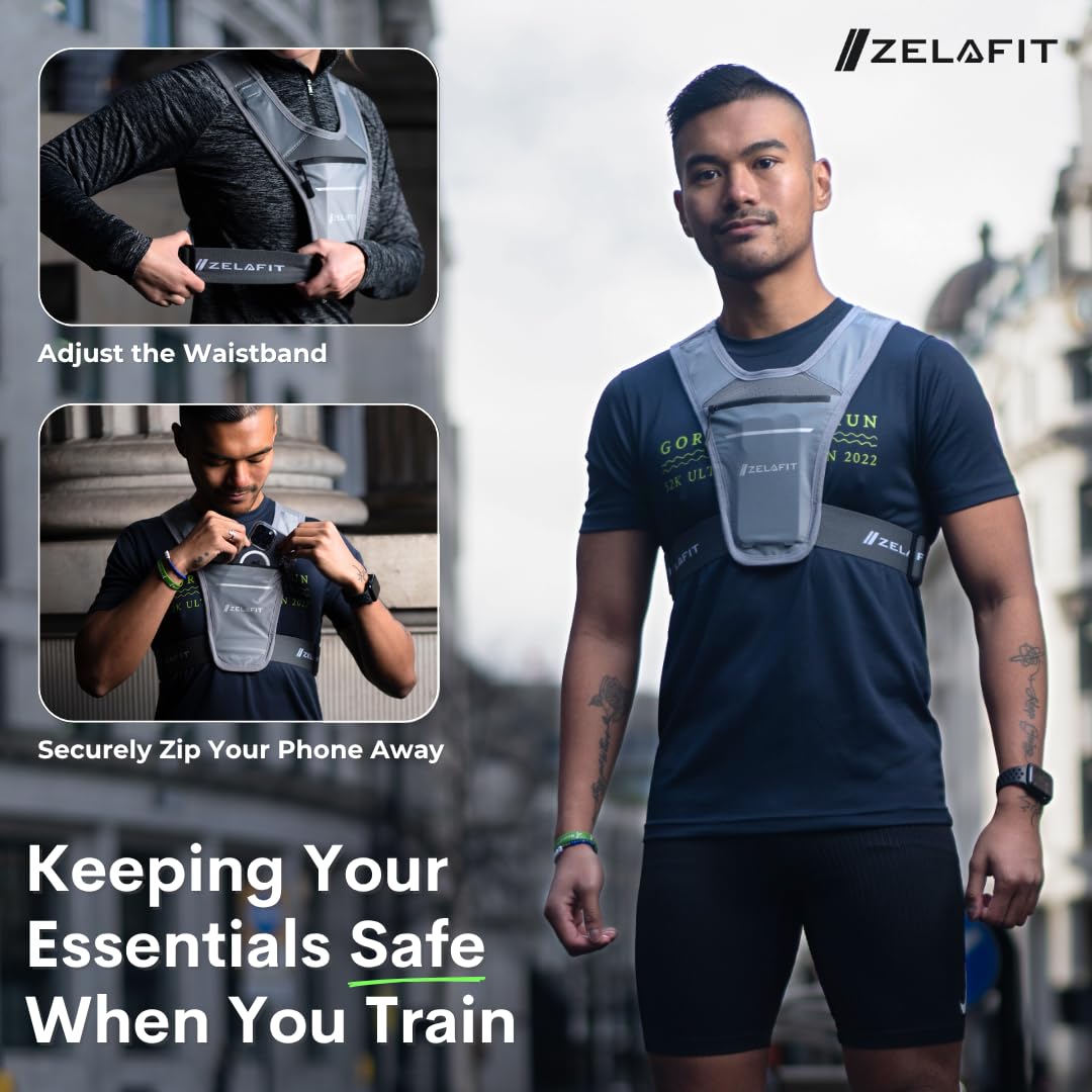 ZelaFit® Gilet de Running Unisexe | Porte-Téléphone Imperméable | Léger & Réfléchissant | Idéal Course, Trail, Fitness, Randonnée, Marathon, Sport (Noir)
