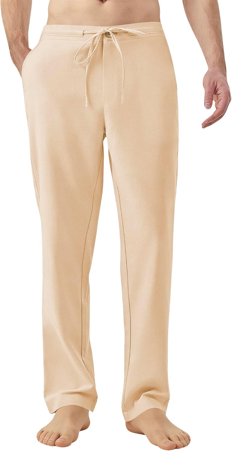 Idtswch Men's Tall Linen Pants 32/34/36/38 Inseam Men's Tall Casual Elastic Waist Drawstring Lightweight Summer Trousers