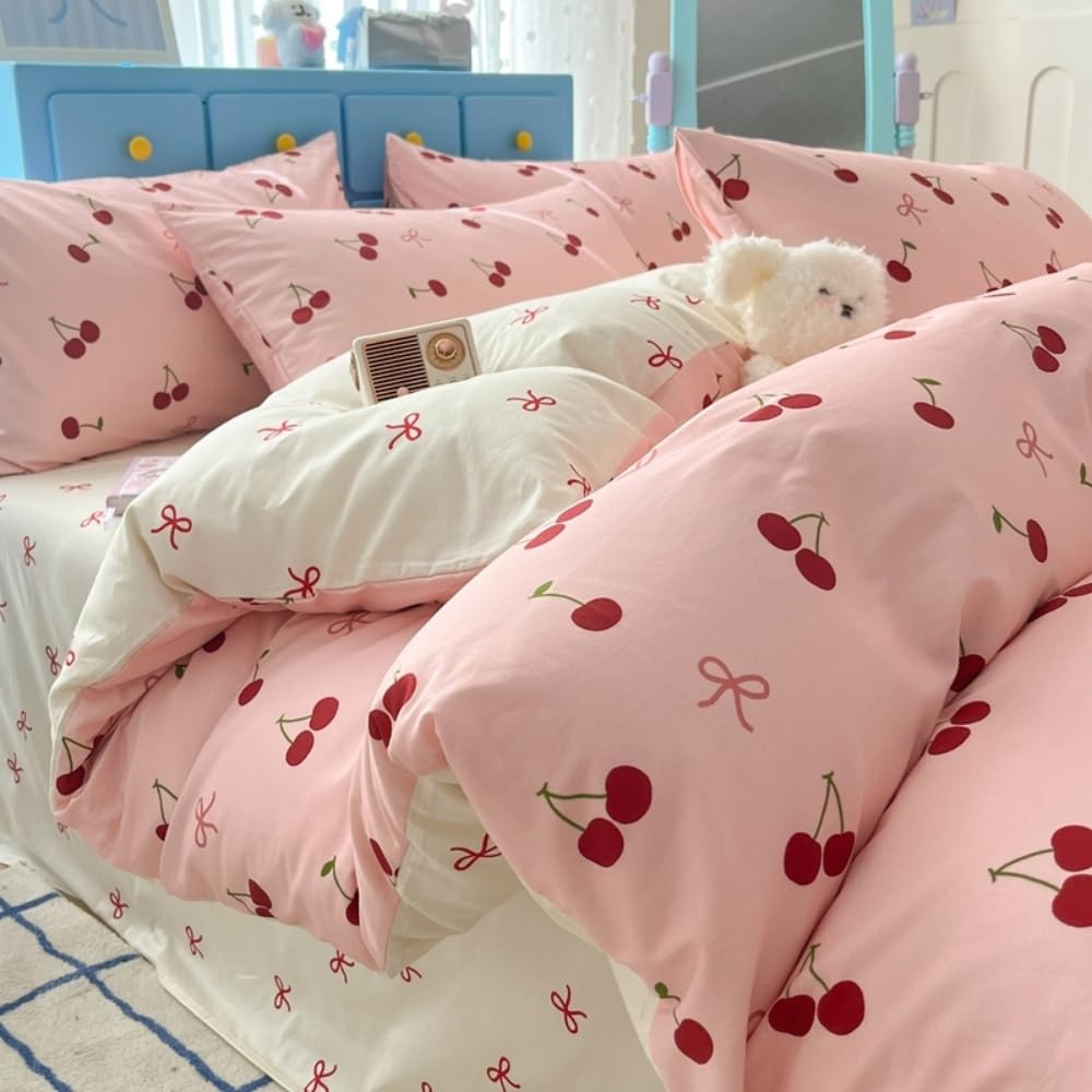 Michorinee Double Duvet Cover Set Pink Bow Tie Cute Cherry Print Bedding Set Kawaii Style Girls Aesthetic Reversible Renforce Microfibre Quilt Cover Set 200x200 Zipper Closure with 2 Pillowcases 50x75 โ image 1