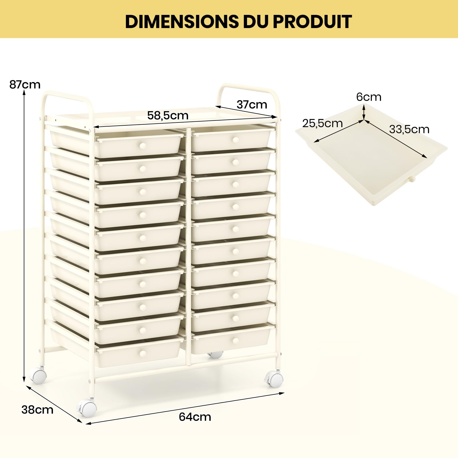 GOPLUS Desserte à Roulettes avec 20 Tiroirs Amovibles en Plastique, 63 x 38 x 89 CM, Chariot de Rangement à Roulettes Verrouillable, Cadre en Acier, Poignée Latéral, pour Chambre, Bureau (Blanc)