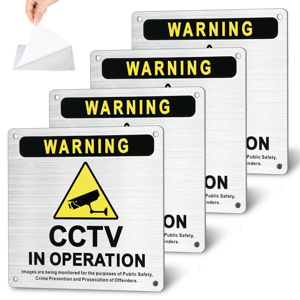 AOOWU Aluminium CCTV in Operation Sign, 15cm x 15cm CCTV Signs, 4 Pack Pre-drilled & Self-Adhesive CCTV in Operation Sign, CCTV Warning Signs, Camera Signs Outdoor for Home, Office, Store, Warehouse