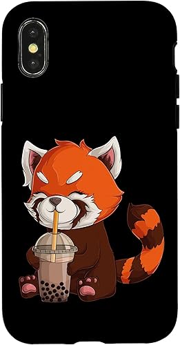 Funda para iPhone XXS Kawaii Red Panda Beber Boba Bubble Tea Japanese Anime