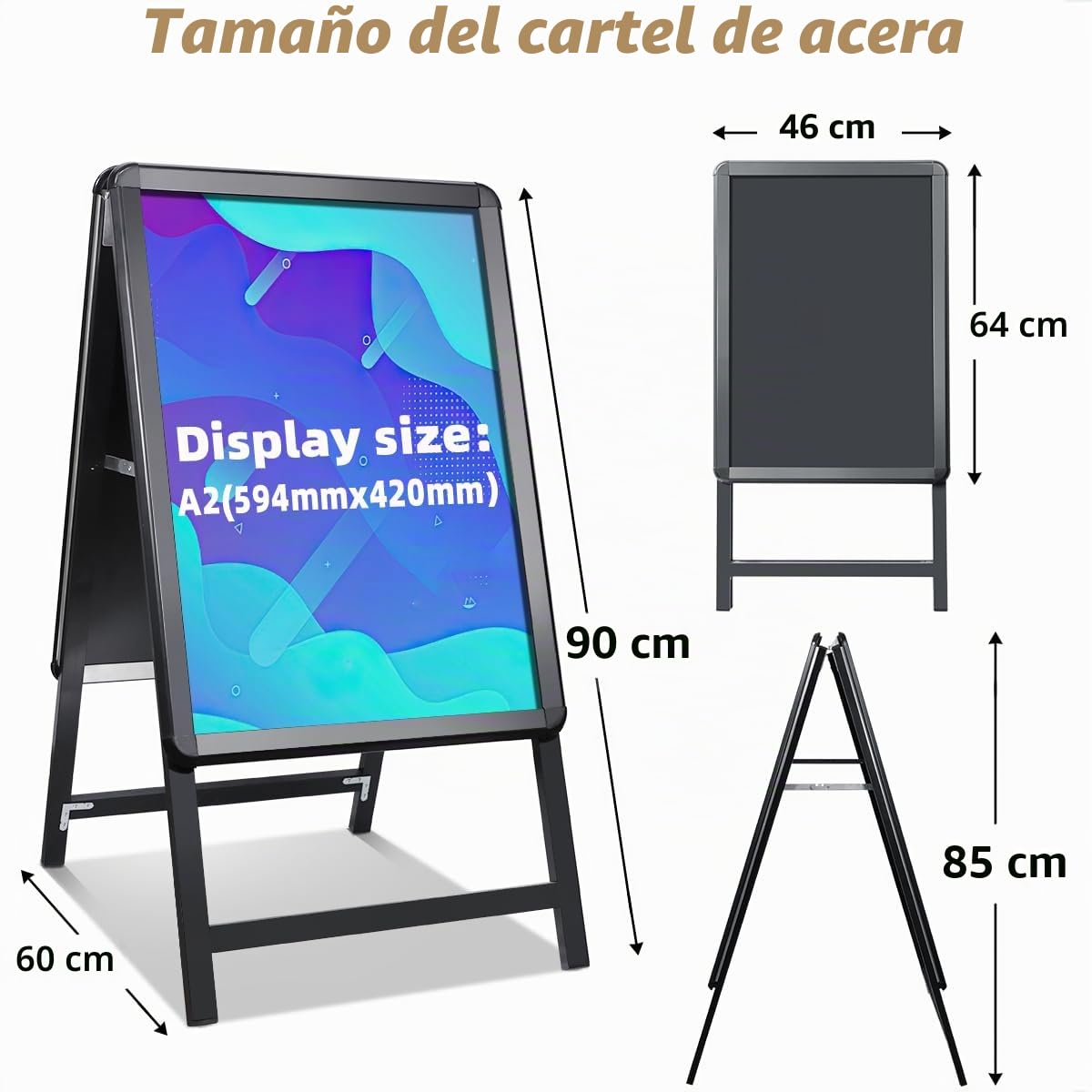 A2 Cartel publicitario para acera Soporte para carteles de doble cara Cartel publicitario de aluminio para acera con marco a presión para publicidad exterior, negro