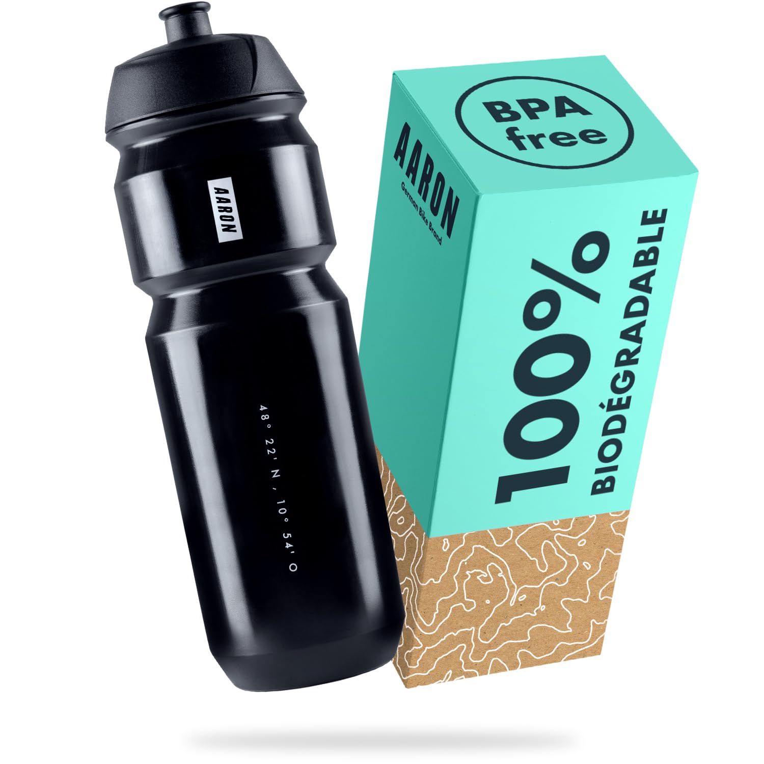 Gourde AARON ECO 500ml – Biodégradable 100%, Sans BPA, étanche, Légère, Lavable 40°, Pour Sport, Vélo, Rando, Extérieur, Noir