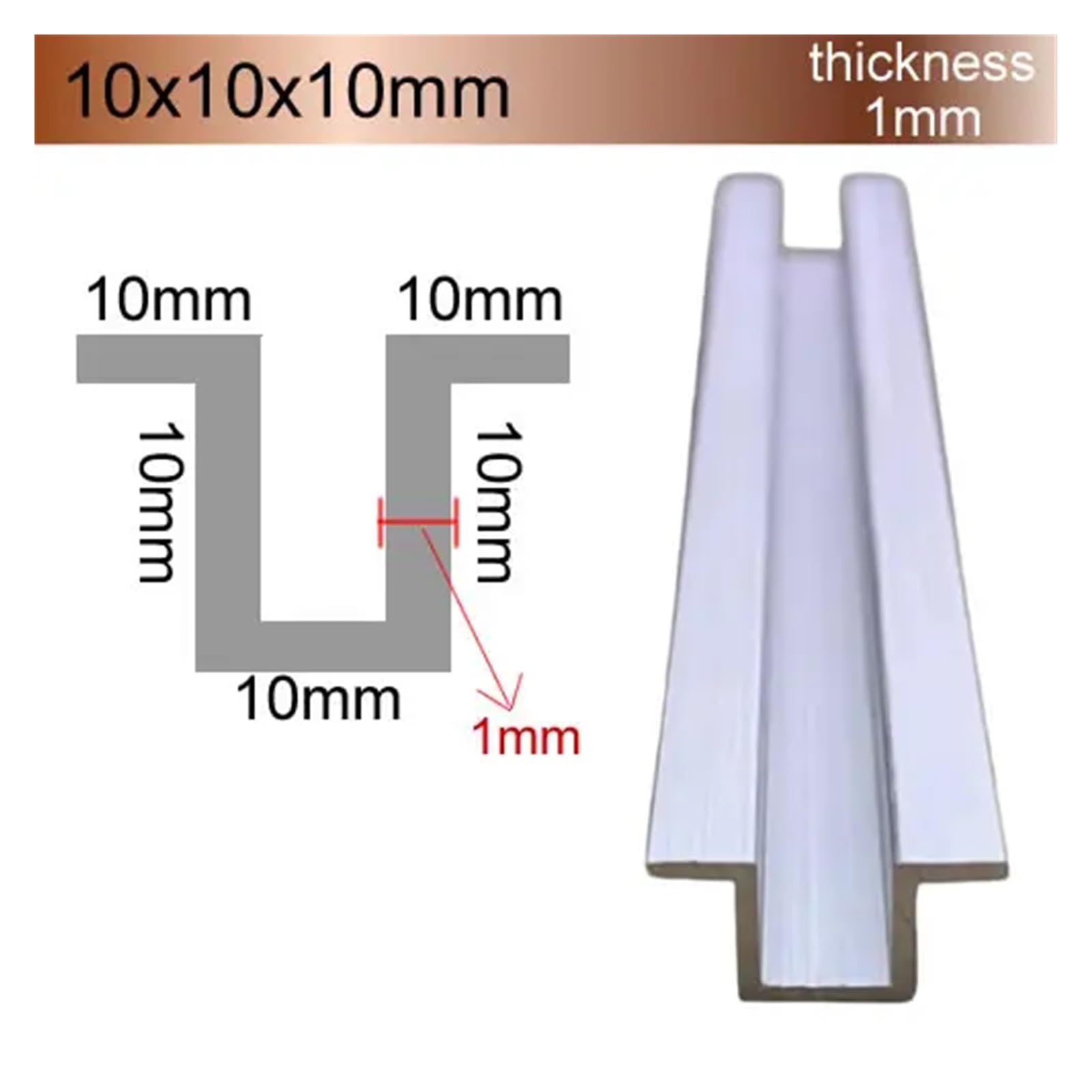 Aluminiowy profil w kształcie litery U, Aluminiowy kanał w kształcie litery U. Szerokość 4-10 mm. Długość 50 cm. Gniazdo karty ze szczeliną dylatacyjną krawędziową(10x10x10mm,50cm x 2pcs)