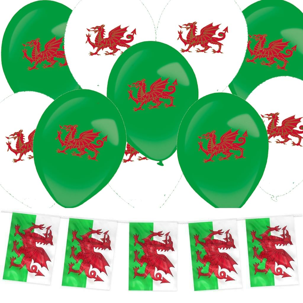 Union Jack, England, Wales, Scotland, Ireland 24 x 12" Printed Balloons and 10m Bunting Banner Tri Products (Wales)