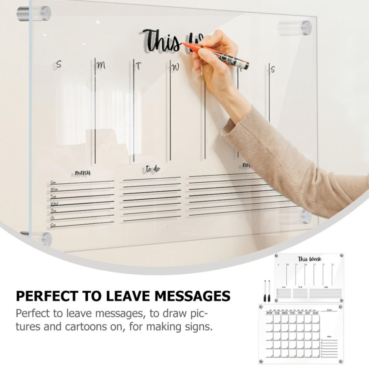 Set da 2 Lavagne Memo in Acrilico Trasparente Cancellabili per Parete, Design Semplice Moderno, per Ufficio e Cucina, Funzione Scrittura e Disegno