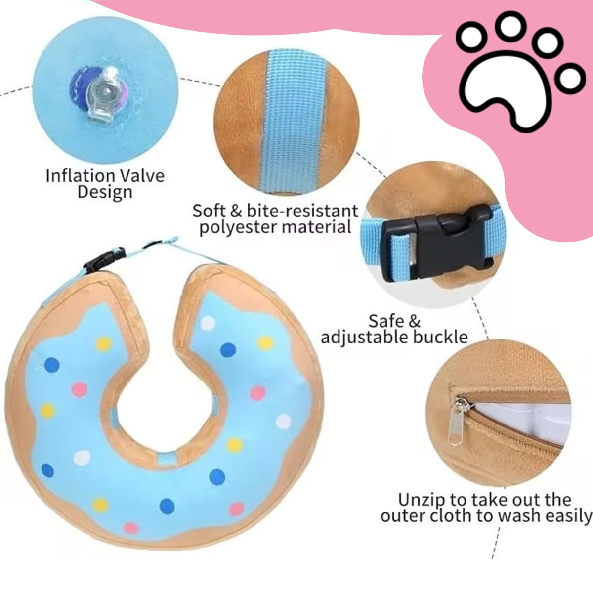 Little Bean Inflatable Dog Elizabethan Collar Soft Dog Cone Collar Soft Protective Recovery Pillow for Big Dogs Prevent Pet from Licking Biting Wound Healing (Blue Donuts - Image 3