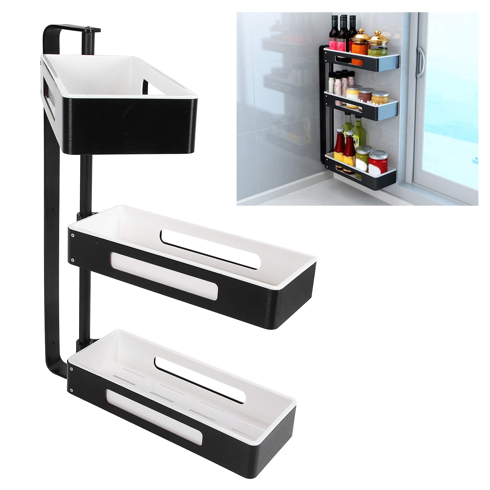 Estante de Cocina de 3 Capas, Estante Giratorio para Especias, Ajustable para Espacio de Cocina y Baño, Aluminio, Blanco y Negro, 59,4x35x13cm