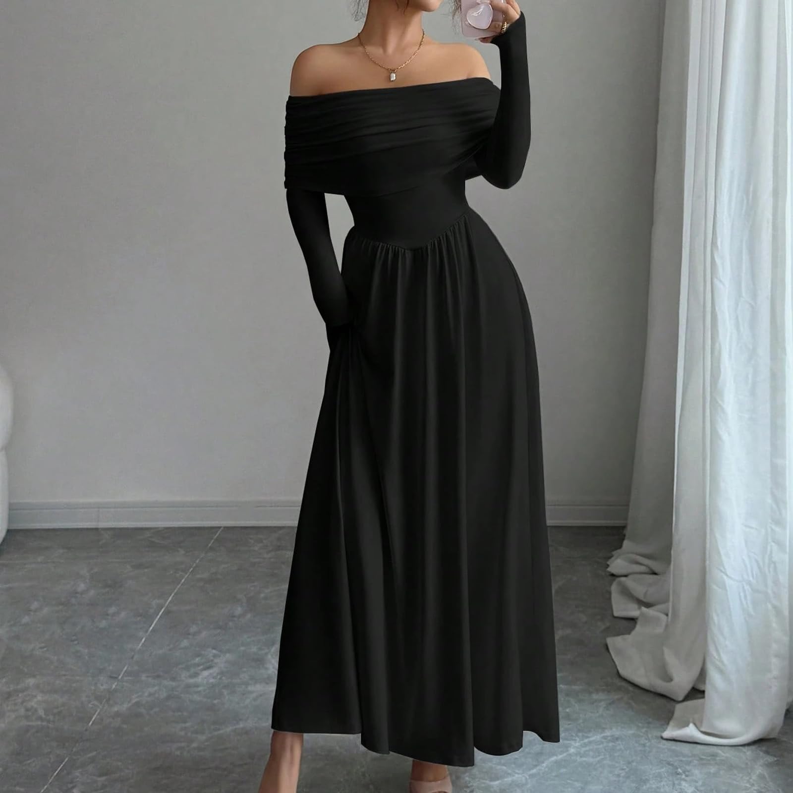 Kleid Damen Elegant Schulterfrei Langarm Festlich Abendkleid Damen Lang A Linie Hochzeit Frühlingskleid Maxi Kleider Hochzeitsgast Cocktailkleid Plissee Partykleid Tailliert Lange Ballkleider