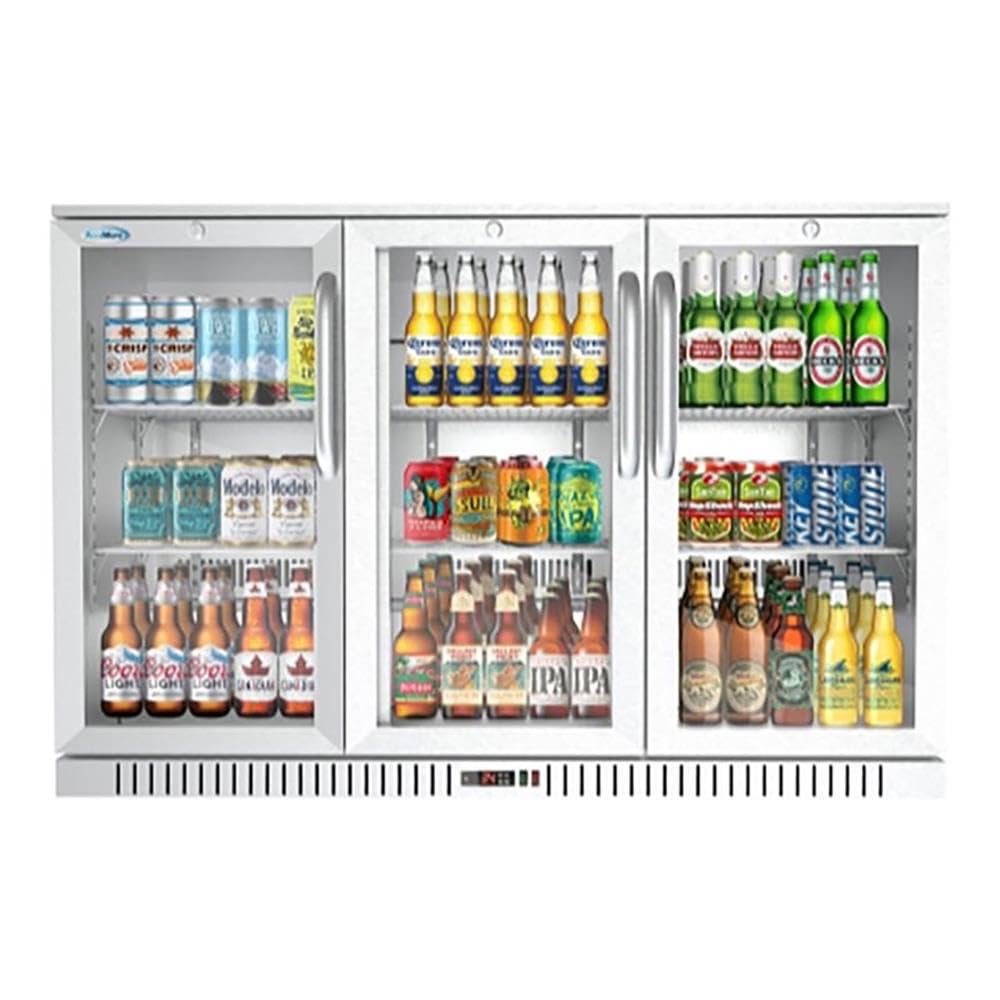 Pemberly Row 3-Door Stainless Steel Back Bar Cooler Refrigerator, Silver Finish, LED Lighting, Glass Doors, 11.3 Cu. Ft. Capacity, Adjustable Shelves, Commercial And Residential Beverage Storage on Fridge.com - View 1