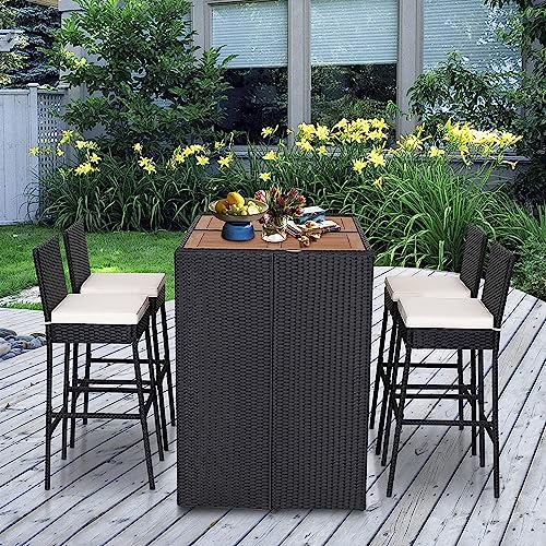 Image of DEVOKO 5 PCS Rattan Patio Bar Dining Set 4 Stackable Cushioned Chairs Wooden Tabletop for Poolside, Terrace, Garden (Black and Off-White)
