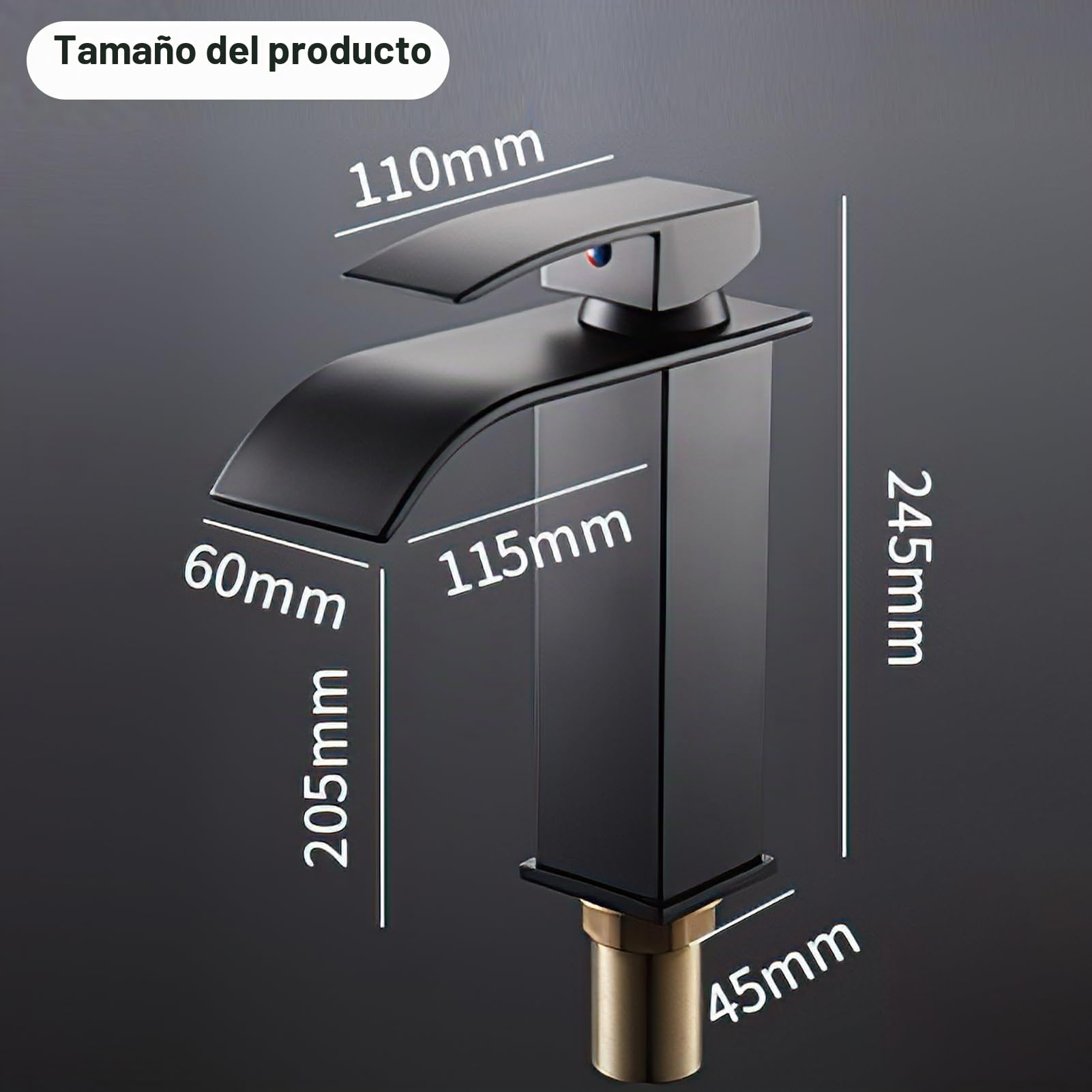 Grifo de cascada y lavabo, caño cascada, acero inoxidable, caliente y frío, vertical, altura 24,5 cm