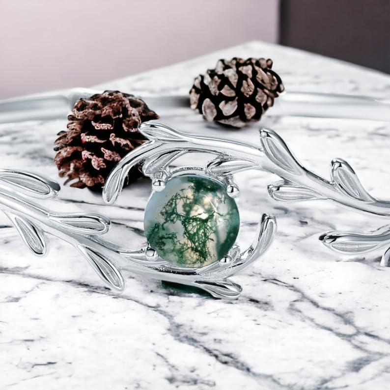 Adjustable Silver Green Moss Agate Gemstone Bracelet with Leaf Design - Unique Gemstone Bracelet - Natural Healing - Gift For Her