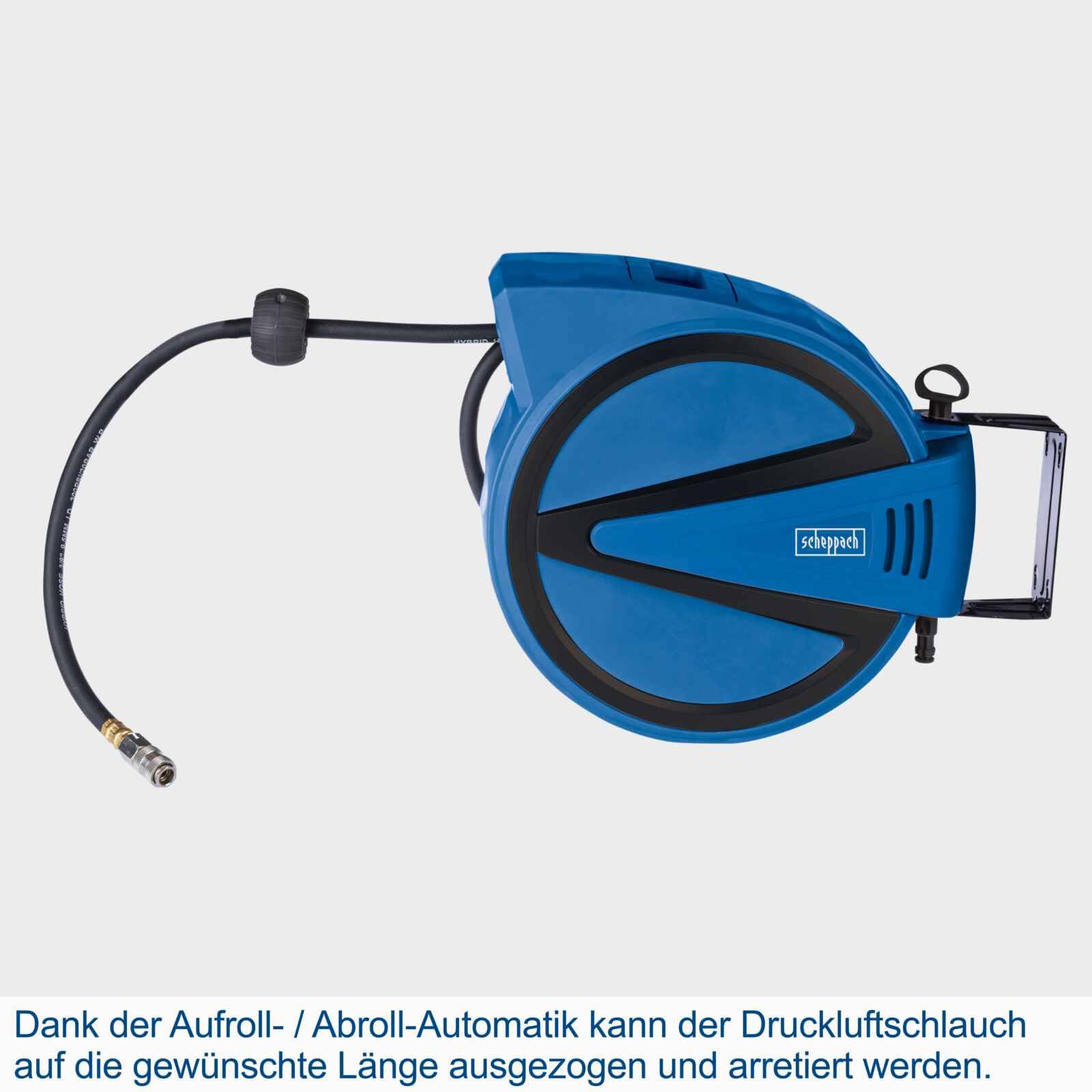 Scheppach 15m Schlauchtrommel Druckluft | 15 bar Arbeitsdruck | Ø 9,3mm innen / 15,3mm außen | 180° schwenkbar | tragbar | mit Auto-Stopp | Automatik Schlauchtrommel AHR15 für Kompressor ¼" Anschluss