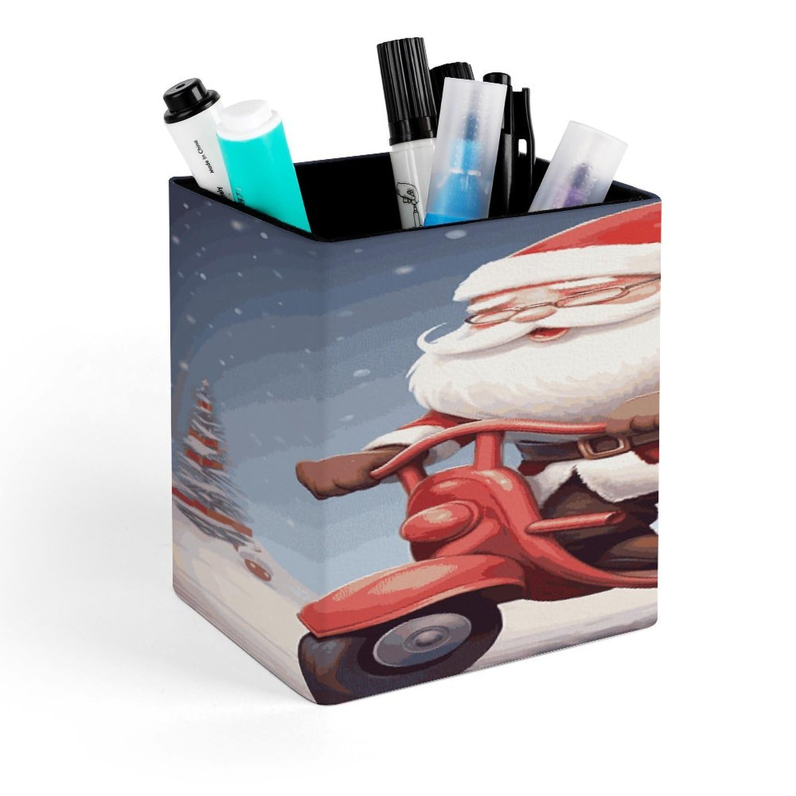 FekiLoot Santa Claus on Scooter Pen Holder for Desk Minimalist Leather Pencil Holder Fashion Modern Pencil Cup Decorative Square Pen Cup Locker Organizer for Office Work Locker Accessories
