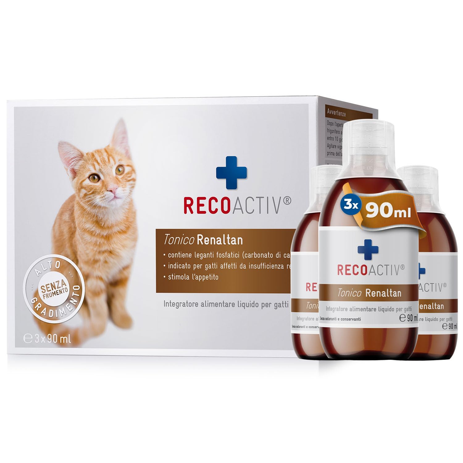 RECOACTIV Tonico Renaltan per Gatti, 3 x 90 ml, integratore Alimentare con chelante di fosfati per ridurre Il Contenuto di fosfato nell’Alimentazione in Caso di insufficienza renale o IRC.