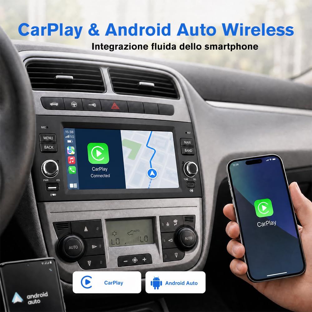 Autoradio 1 DIN per Fiat Grande Punto (2005-2012) 6,86" Android 15 Car Radio con Bluetooth Wireless CarPlay Android Auto WIFI GPS FM RDS Comandi al volante Telecamera posteriore (2GB+64GB)