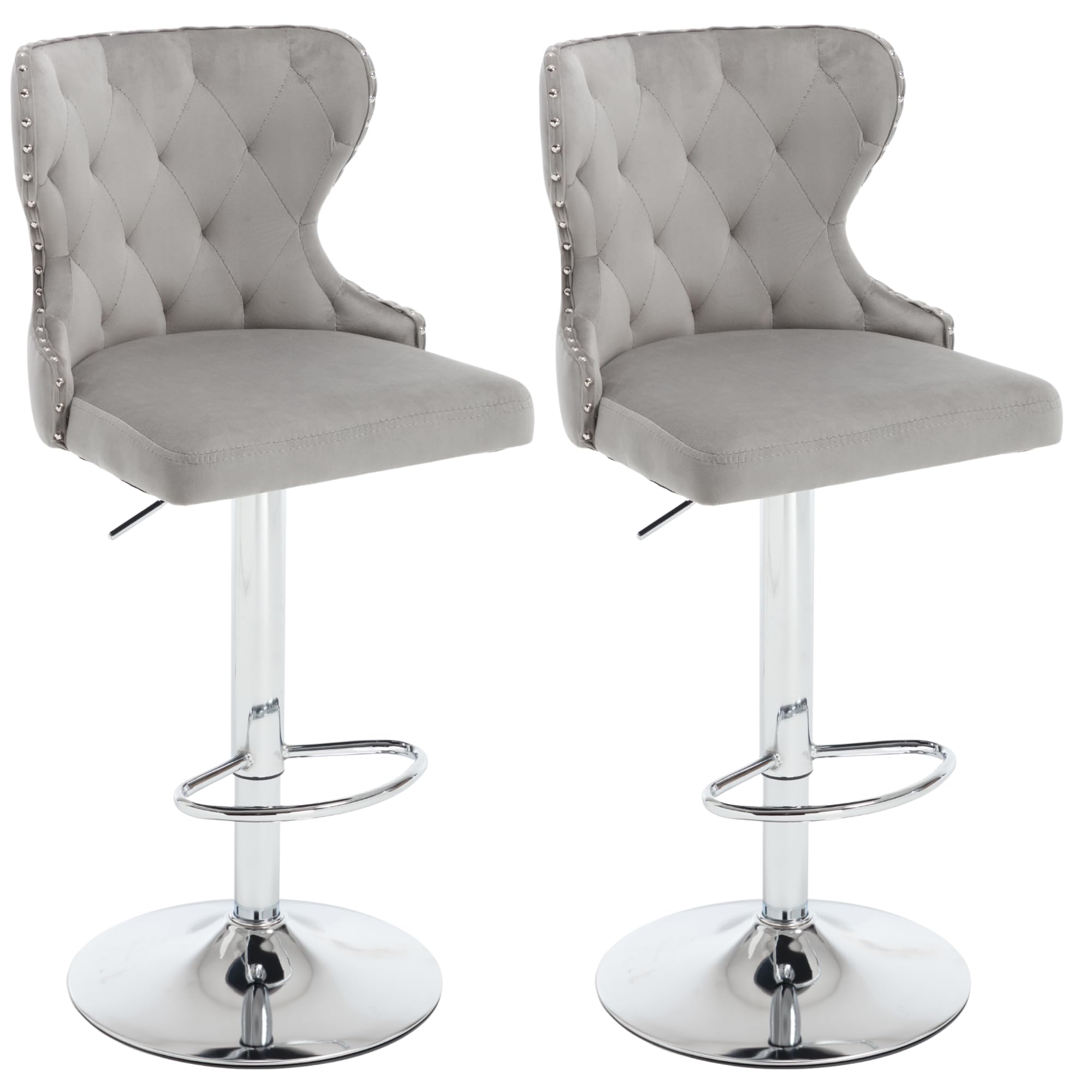 Set of 2 Adjustable Swivel Bar Stools, Velvet Upholstered Counter Height Chairs with Nailhead Trim, Silver Footrest, and High Back for Kitchen Island, Home Bar, Dining Room, Cafe,Gray