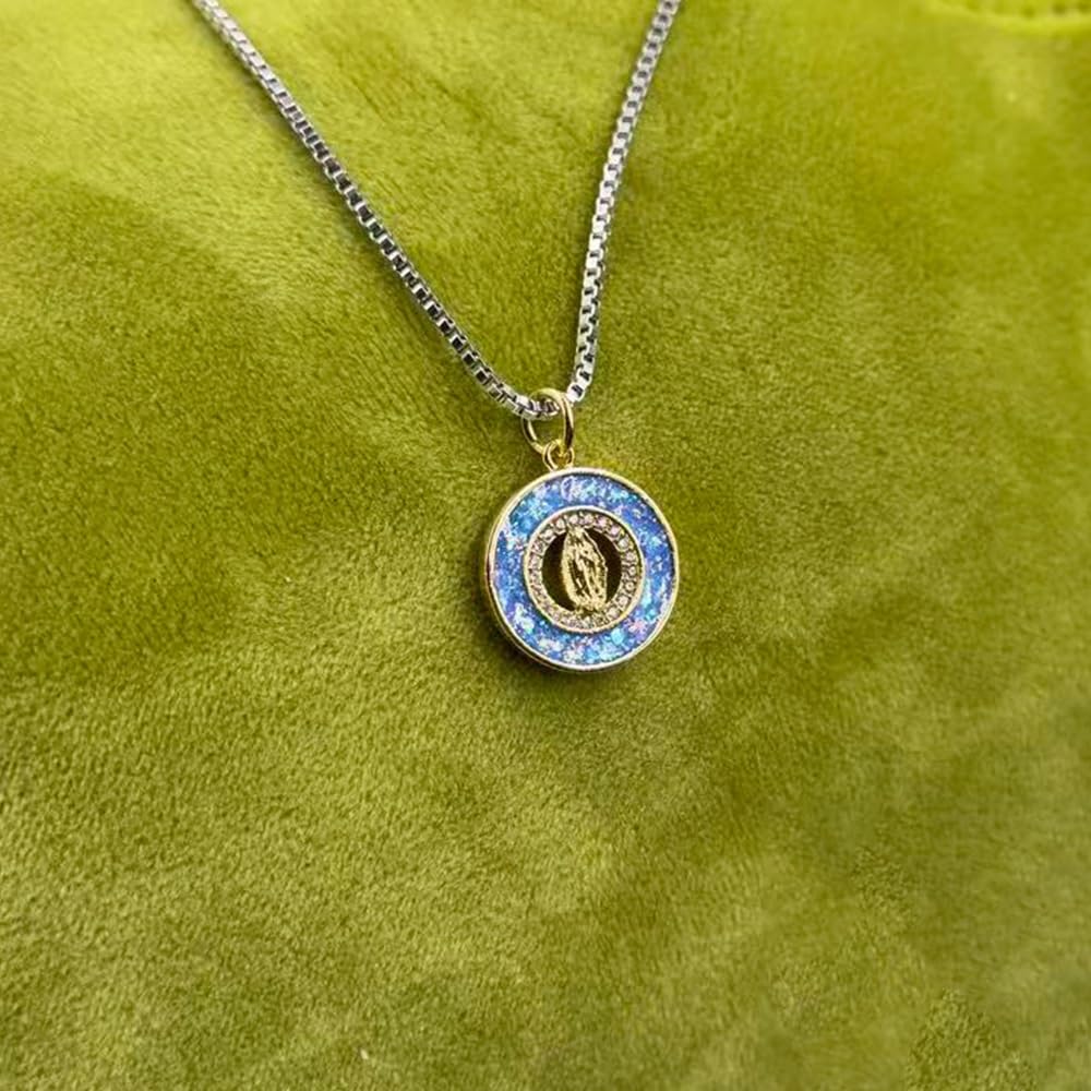 Collier Vierge Marie En Opale Bleue De Salut,Collier Médaillon En Opale