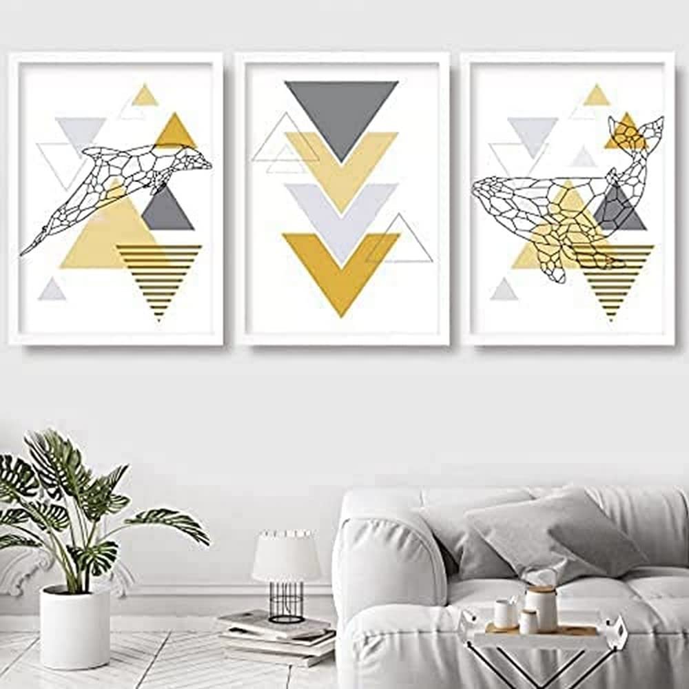 Artze Wall Art Scandinavian Dolphin and Whale Modern Art Print 3-Piece Set, 40 cm Width x 50 cm Height, Yellow/Grey