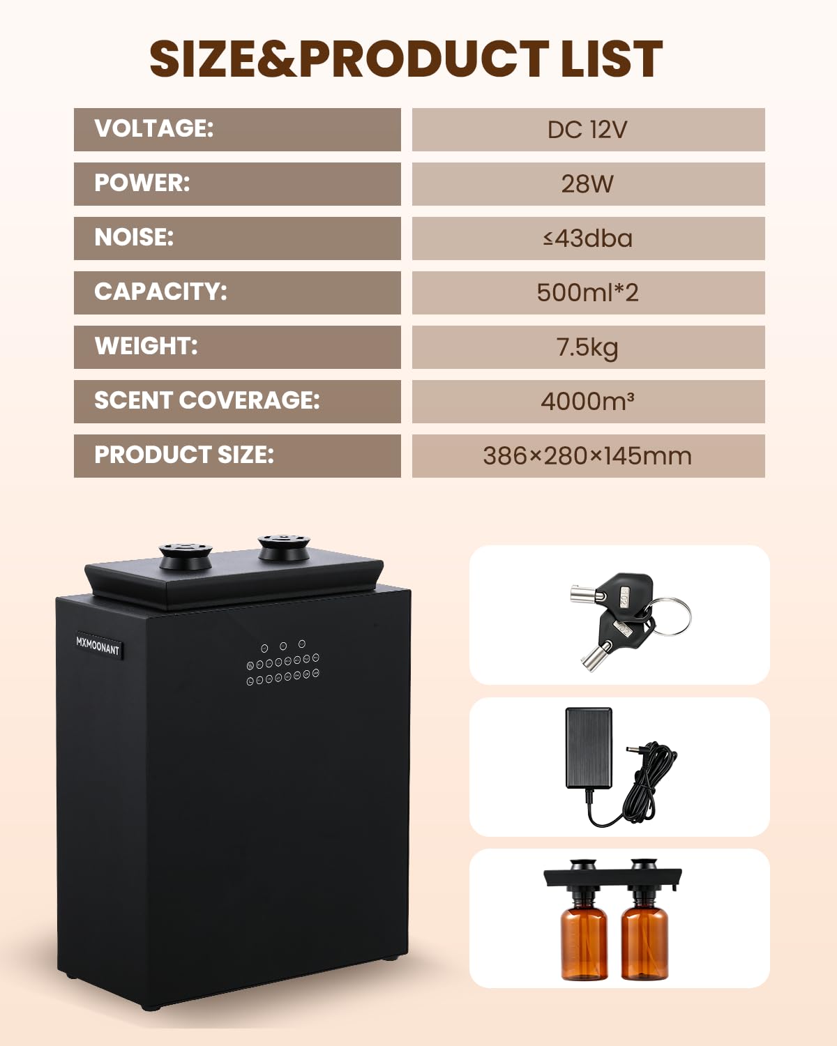 Mxmoonant Máquina de Fragancia sin Agua, Botella 500ml ×2 | Botella doble, control independiente, control App/panel, 4000m³, para vestíbulo de hotel/sala de conferencias
