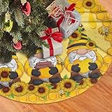 Sunflower Gnomes Christmas Tree Skirt Bee Funny Tree Mat for Farmhouse Xmas Holiday Party Decorations Indoor Outdoor 36 Inch