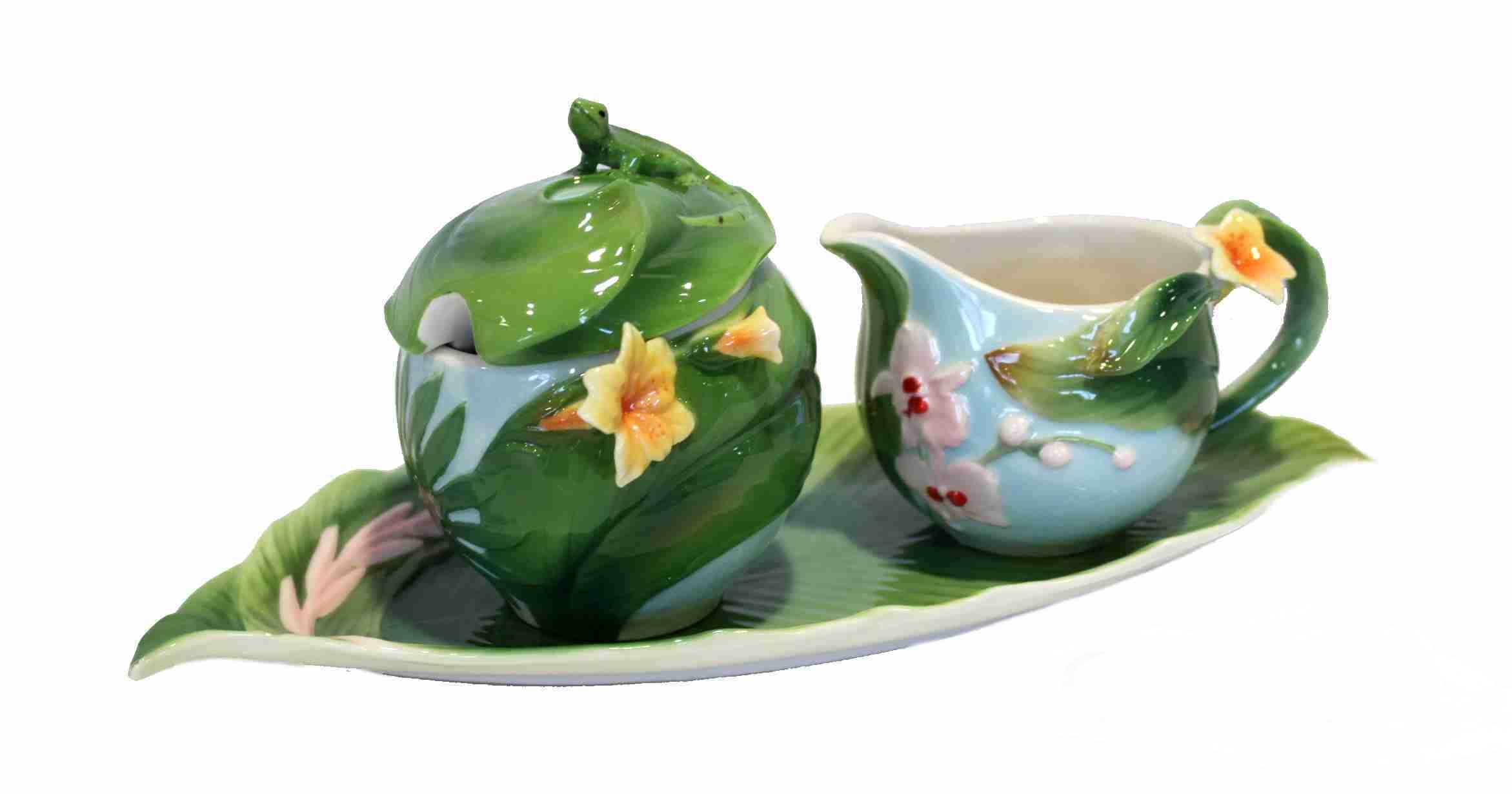 Keyhome - Juego de bandeja y azucarero de cerámica con campana amarilla con caja y bandeja - Lechera de 8 x 13 cm - Azucarero de 12 x 11 cm
