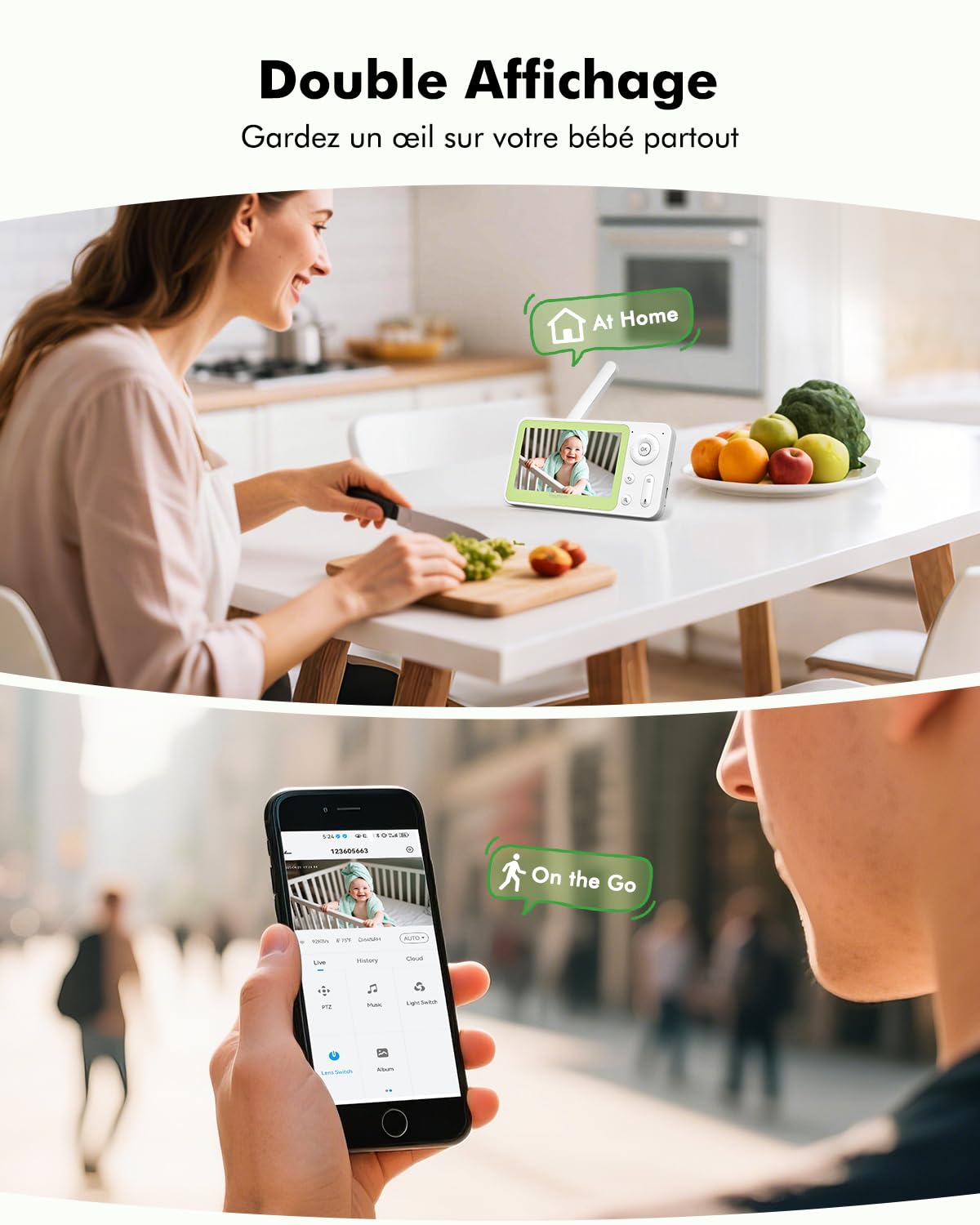Babyphone Caméra 1080P PTZ 360°, Vision Nocturne Infrarouge, Zoom 4X, Détection de Mouvement et Suivi Automatique
