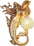 Vintage Gold Resin Mermaid Wall Sconce, Crystal Glass Shade, Creative Wall Mounted Lamp for Bedroom, Living Room, Hotel