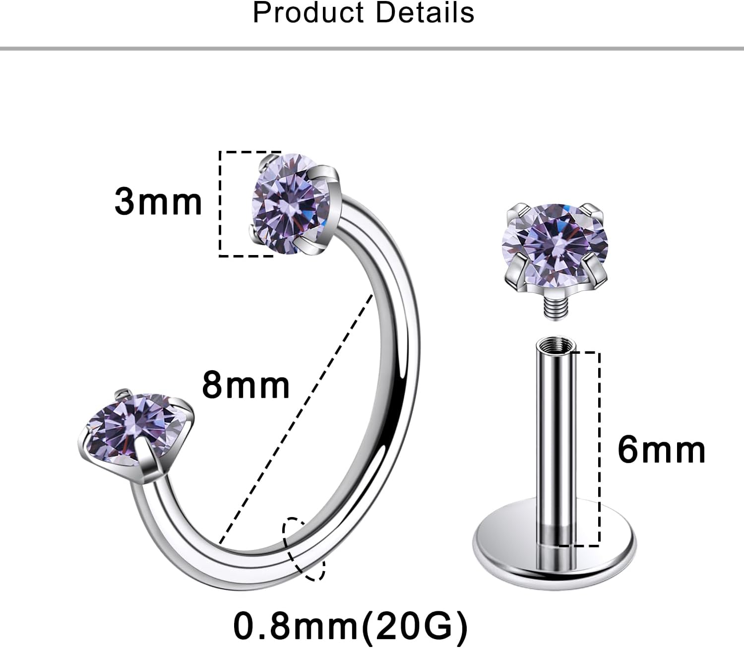 Lcolyoli 20G Titanium Horseshoe Nose Ring and Internally Threaded CZ Stud for Tragus/Nose/Helix/Conch Piercing Jewelry for Women Men Includes Taper Ball Grabber Tool for Easy Jewelry Changing