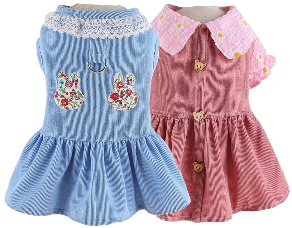 KUTKUT 2Pcs Small Dog Cat Frock, Cute Soft Bear Button Floral Collar and Rabbit Patch with Lace Collar Dog Skirt Dress for Puppy Yorkii, Maltese, Bichon (Size: M, Chest: 40cm, Back Length: 30cm) (B0CBJTHHYC) Amazon Price History, Amazon Price Tracker