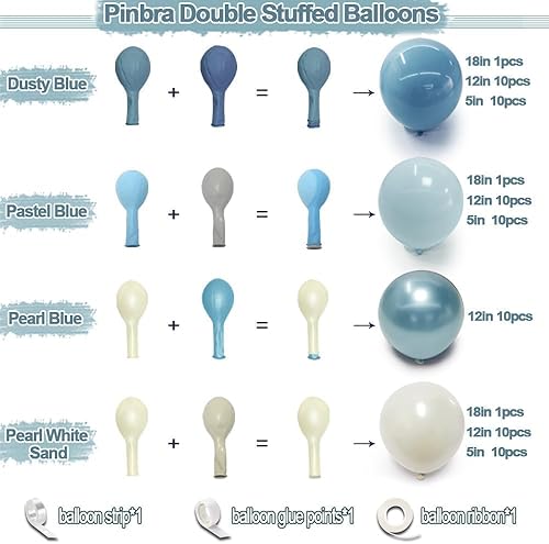 Miniatura 3 de Guirnalda de globos azul polvoriento, doble relleno, color azul pastel, blanco, arena, perla, kit de arco de globos para baby shower, cumpleaños,