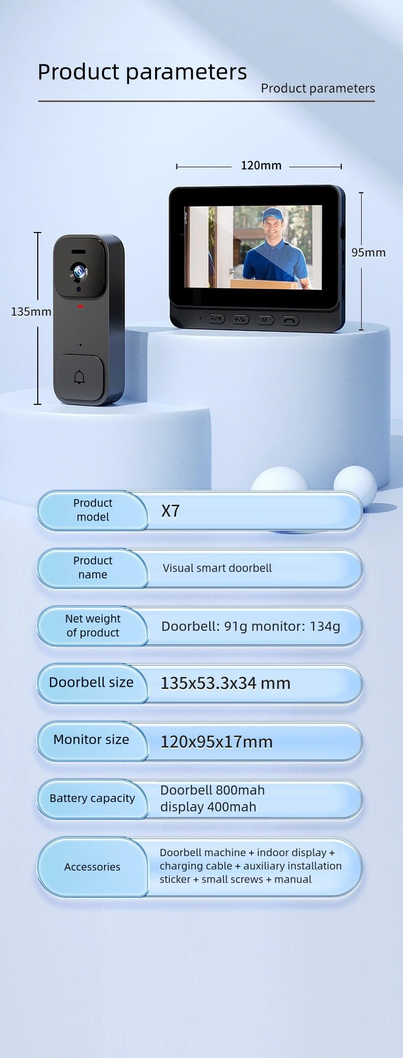 X7 Timbre de Video Inteligente para Uso Doméstico con Pantalla de Visualización, Intercomunicador Inalámbrico y Vigilancia de Video de Alta Definición