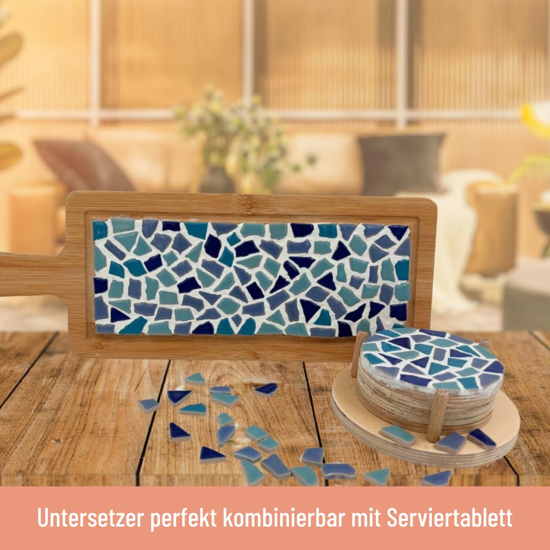 Kit Mosaïque Little Creations – Plateau De Service + 4 Dessous De Verre – Bleu – Bambou 40 Cm – Colle Et Joint Inclus