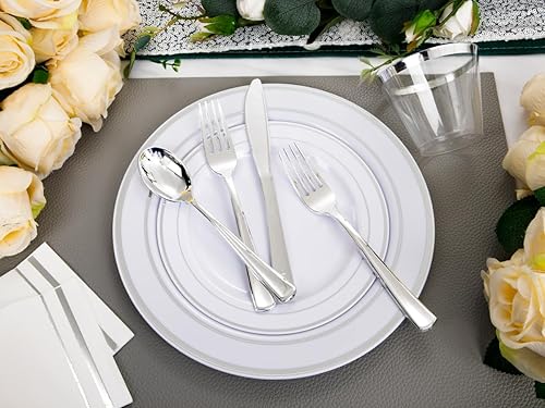 Miniatura 3 de Gather 176 platos de plata  Platos desechables de plástico plateado incluye 50 platos, 75 cubiertos, 25 servilletas, 25 vasos con borde plateado y 1