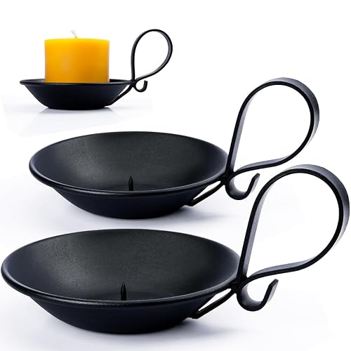 AGLARY 2PCS Matte Black Iron Pillar Candle Holders, with Handle, Simple Industrial Style ,Table Centerpiece Decoration,with Safety Spike. - 2PCS with spike