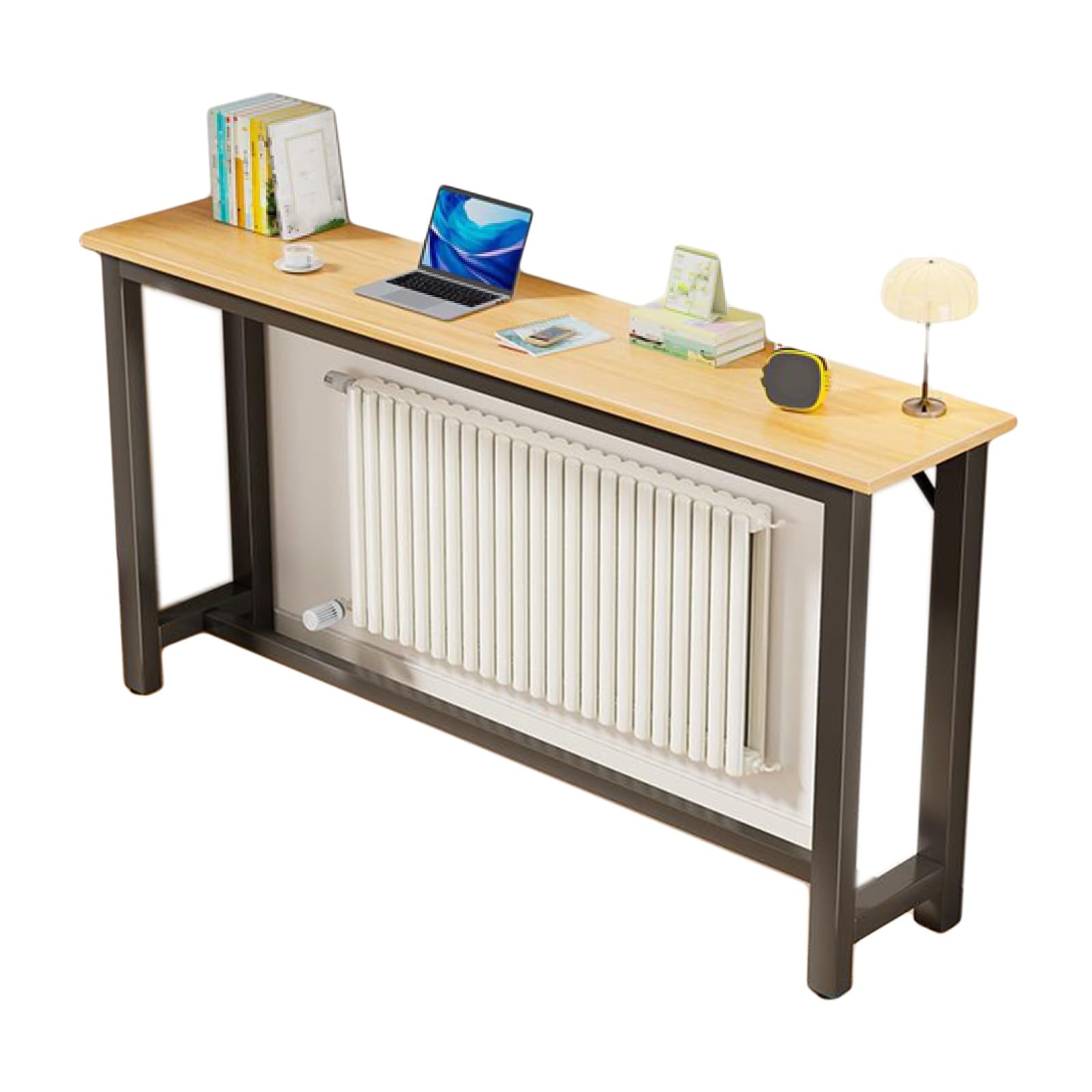 Étagère de radiateur noire 140x20x75 cm en acier et bois pour salon
