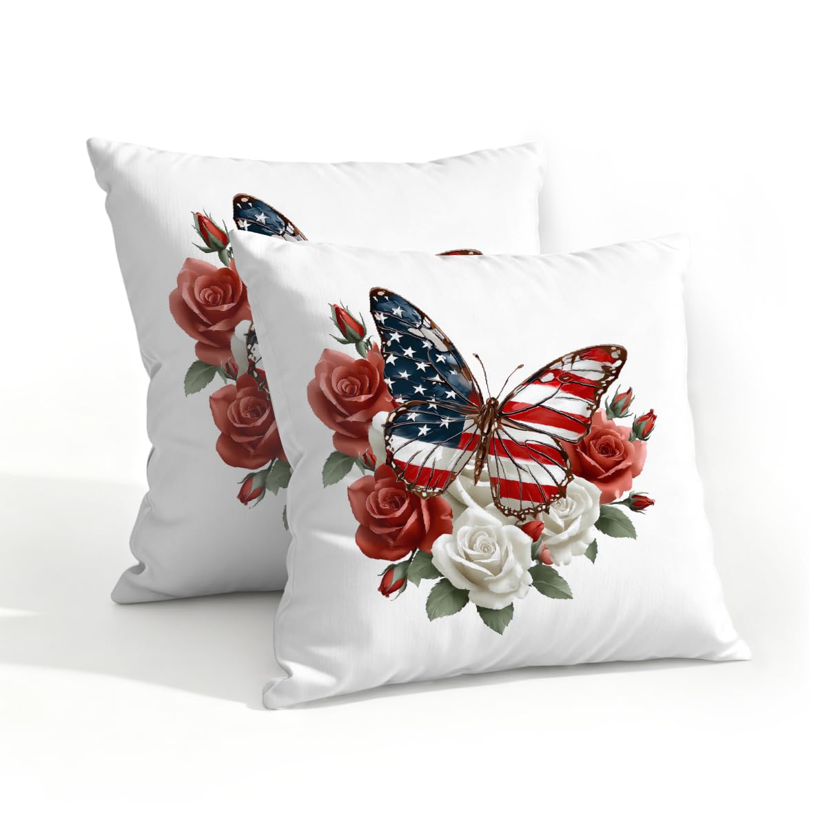Outdoor Pillow Covers Waterproof Pillowcases 18x18in Set of 2 4th of July American Flag Flower Butterfly Decorative Throw Cushion Case for Couch Sofa Garden Patio Furniture