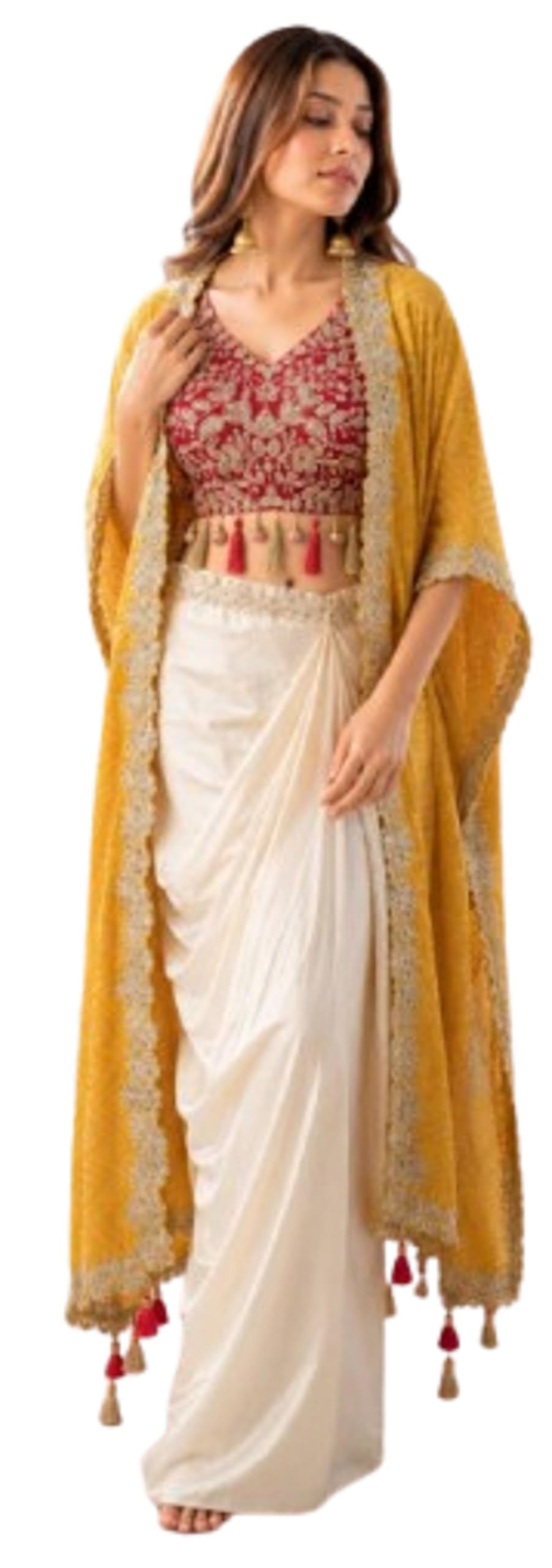 Fashion Since Women's And Girls Indowestern three piece set with embroidery Chinon Silk Fabric Dhoti Blouse Shrug Traditional Indian Ethnic Wear, Wedding Festive Occasion Yellow-picture-36