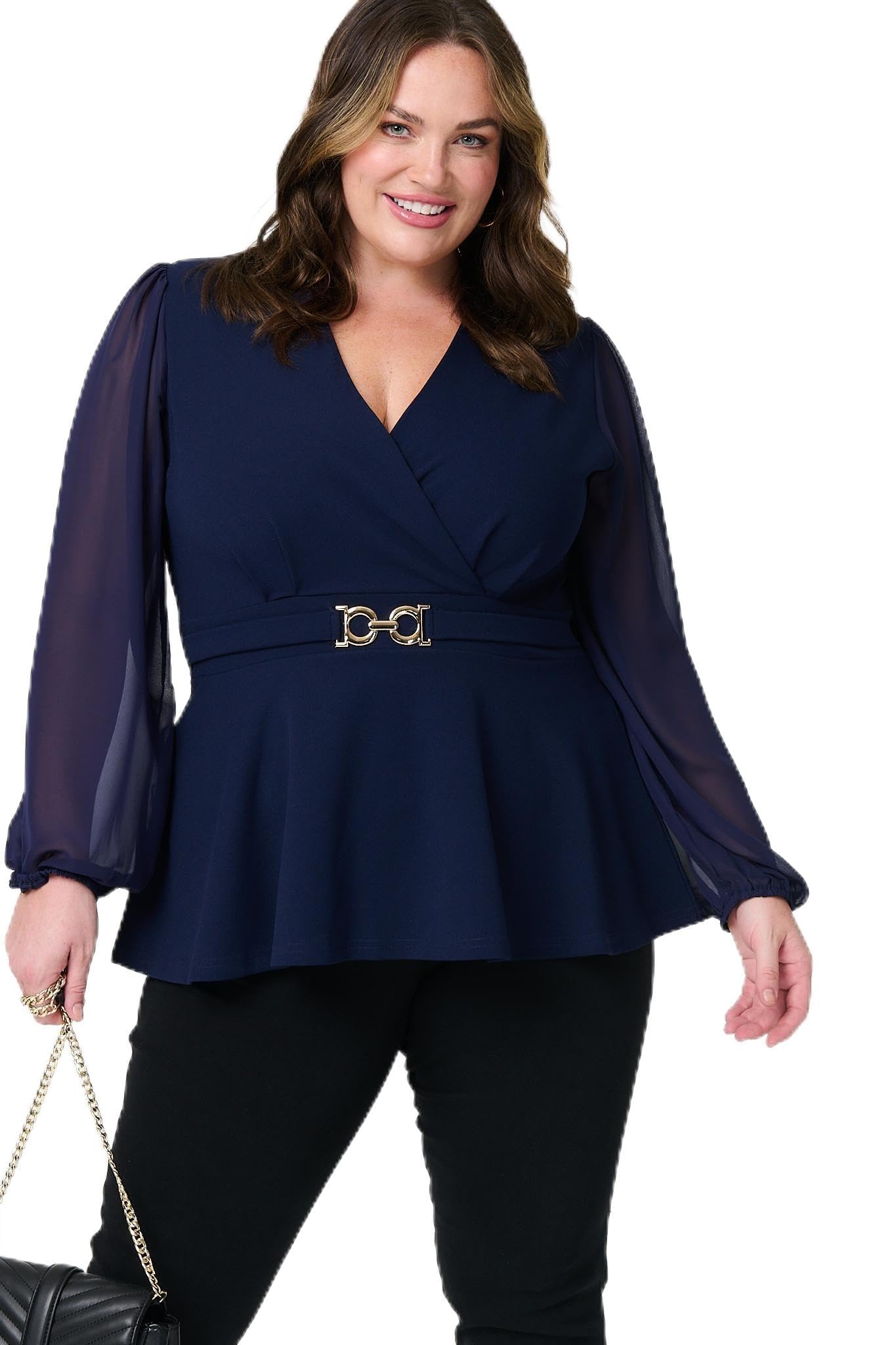 Izabel London Women's Blue Sheer Sleeve Wrap Front Blouse In | Size: 12