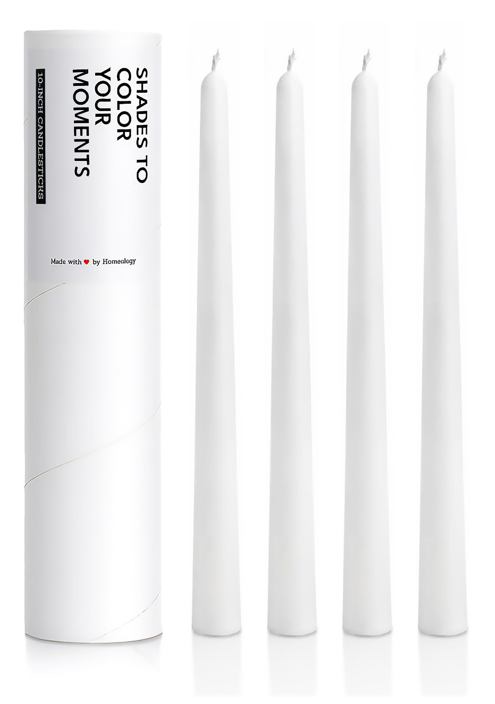 10" Classic Taper Candles, White, 4-Pack, 7-8 Hours Long Burning, Unscented Tall Candlesticks