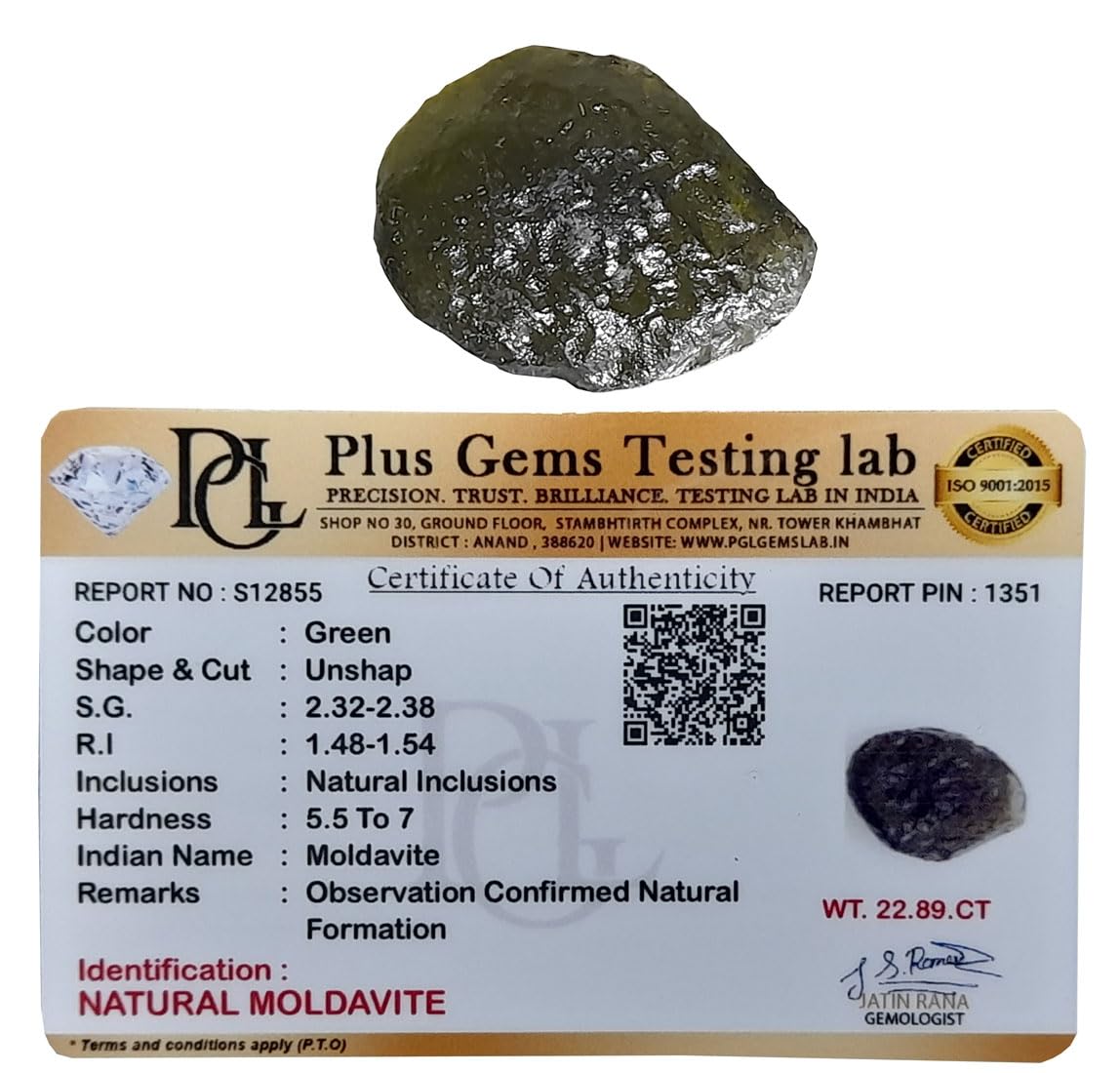 aldomin� Natural Moldavite Lab Tested Healing Crystal Raw/Rough Stone (22.89 Caret)