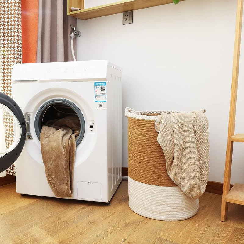 Image of Storage Rope Laundry Hamper Basket for Clothes, Towels and Blankets in Livingroom, Bedroom, Laundry Room and Basket for Nursery Storage (Size - 15 inch x 15 inch x 18 inch) (Beige White Zig Zag)