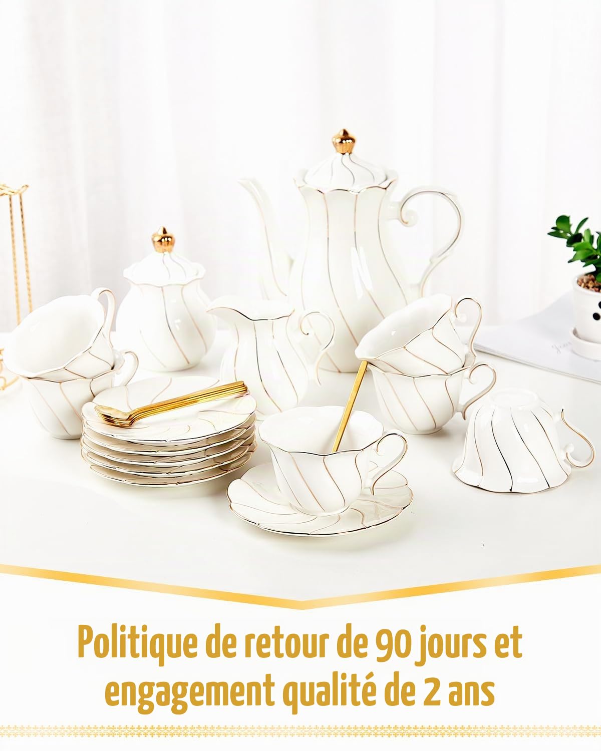 DUJUST Service à thé 22 pièces en porcelaine blanche pour 6 personnes, ensemble de tasses à thécafé de luxe de style britannique avec bordure dorée, beau service à thé pour femme, ensemble de thé,